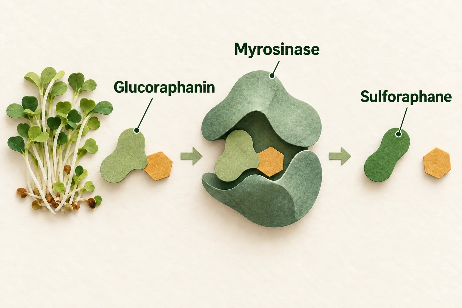 Glucoraphanin, Myrosinase, Sulforaphane 순서로 성분의 전환을 표현한 개념 일러스트