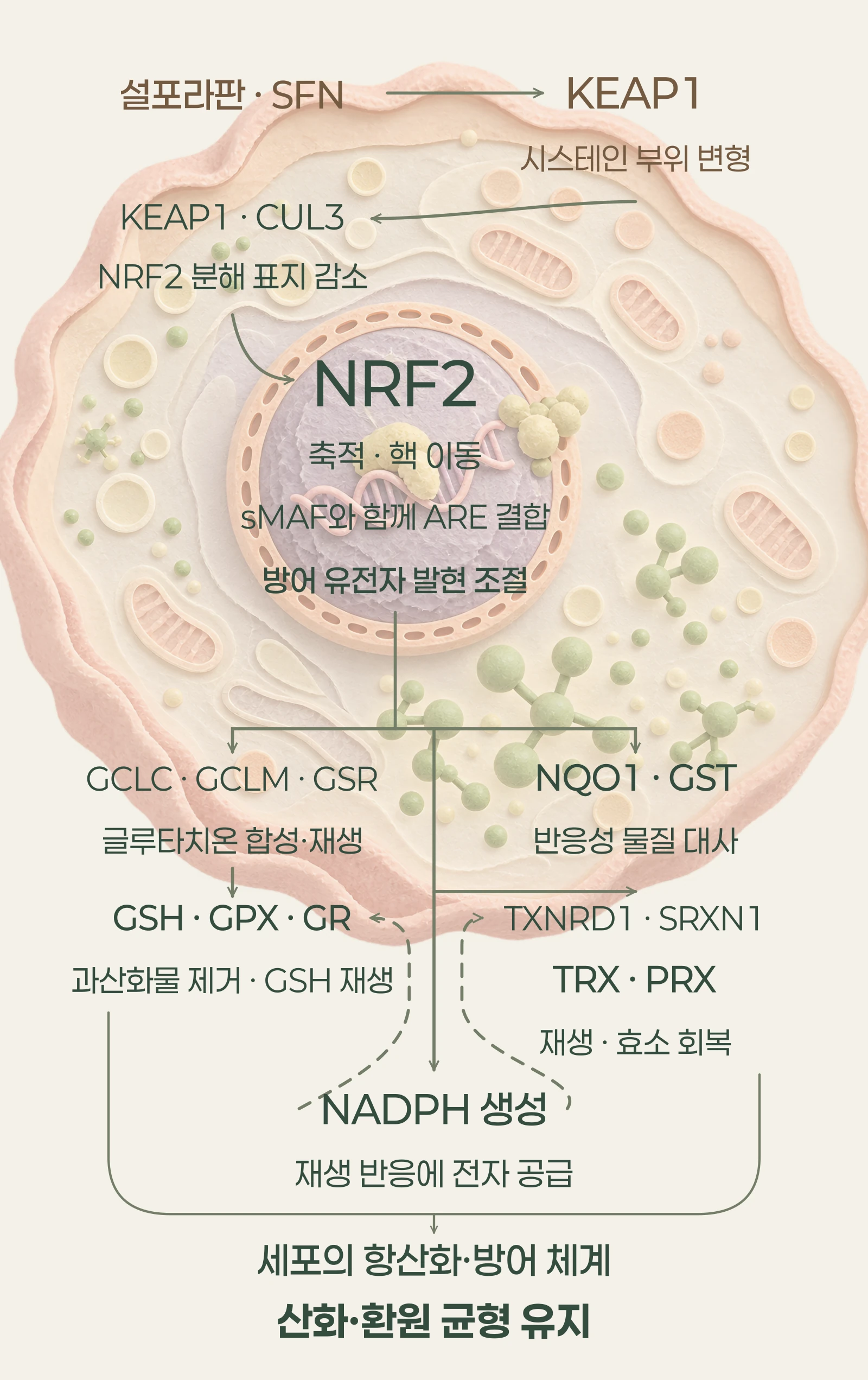 설포라판이 KEAP1과 NRF2 신호를 거쳐 글루타치온 합성·재생과 항산화·방어 경로로 이어지는 세포 작동원리 개념도