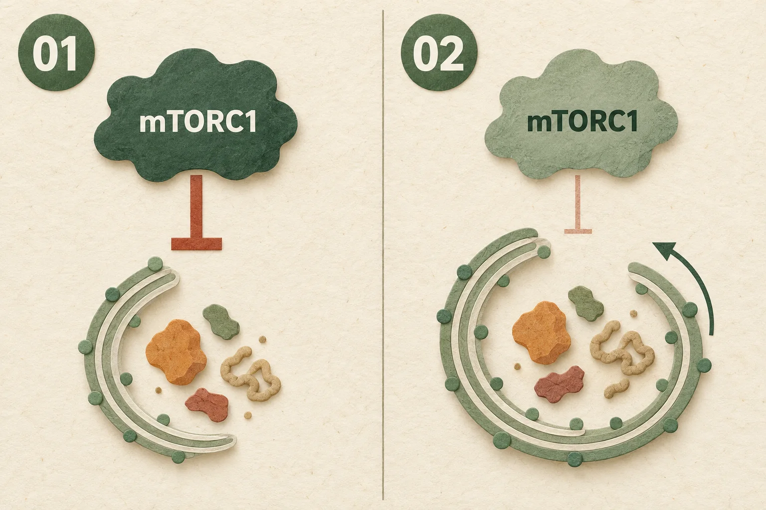 mTORC1의 억제 신호가 강한 상태와 약해져 오토파지 포획막의 시작이 쉬워지는 상태