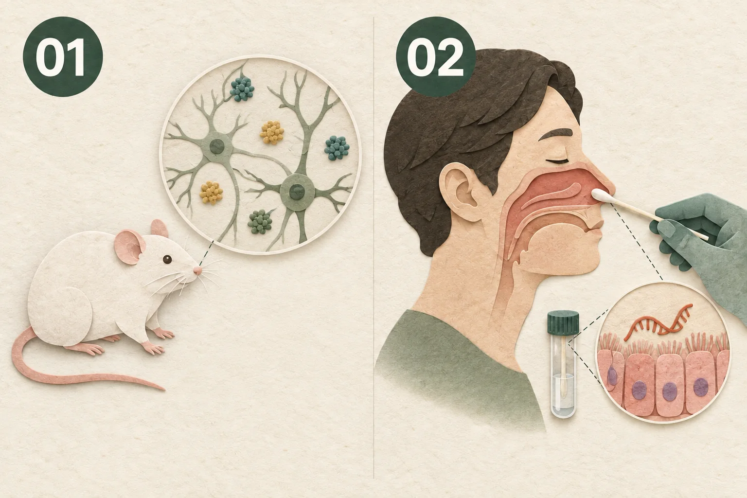 반복 저산소 생쥐의 해마 연구와 건강한 성인의 코 점막 유전자 연구를 구분한 그림