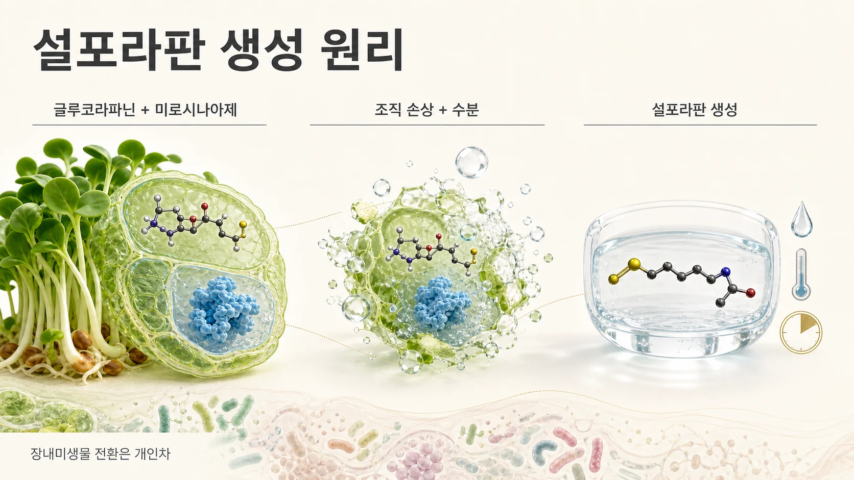 글루코라파닌과 미로시나아제가 수분과 만나 설포라판이 형성되는 과정을 표현한 개념도