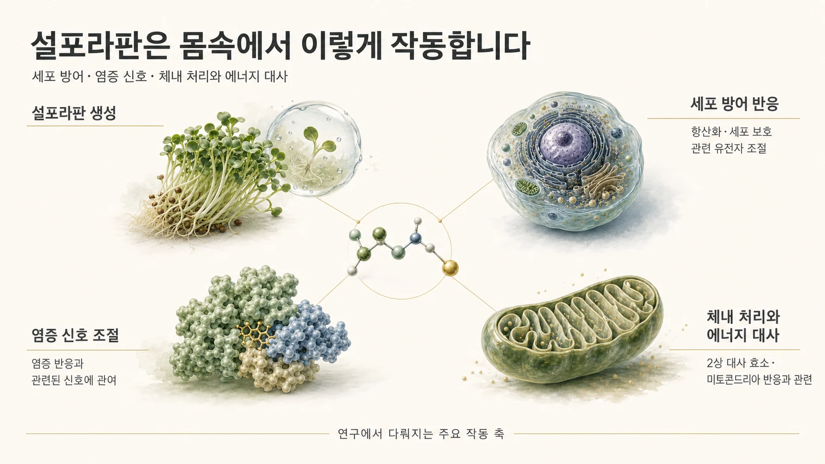 설포라판 연구에서 다뤄지는 세포 방어, 염증 신호, 체내 처리와 에너지 대사 관련 작동 축 개념도